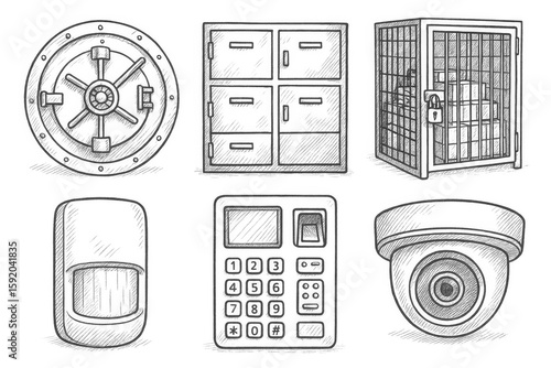 hand drawn icon time lock door steel safety deposit boes cash storage cage motion sensor alarm biometric keypad surveillance camera dome sketch drawing style icons style isolated