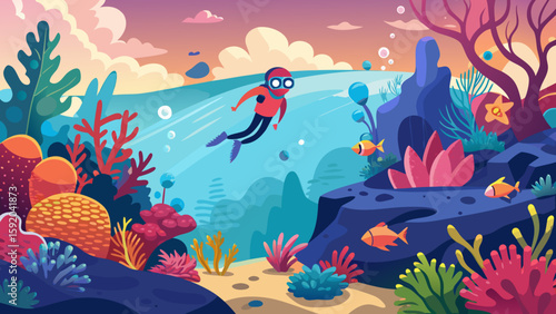 Coral reef with snorkeler swimming above