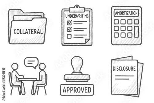 hand drawn icon collateral document folder underwriting checklist amortization calculator client interview table approval stamp disclosure brochure sketch drawing style icons style isolated