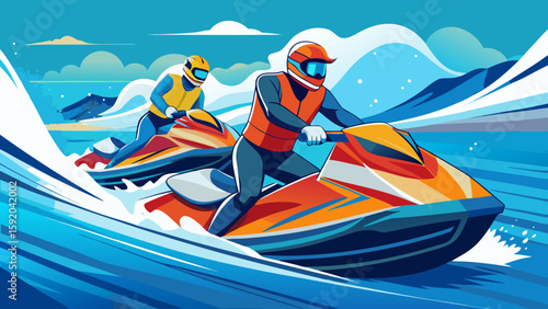 Jet ski duo racing across ocean