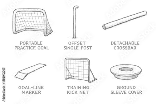 portable practice goal offset single post detachable crossbar goal marker training kick net ground sleeve cover hand drawn pencil sketch style isolated