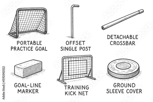 hand drawn icon portable practice goal offset single post detachable crossbar goal marker training kick net ground sleeve cover sketch drawing style icons style isolated