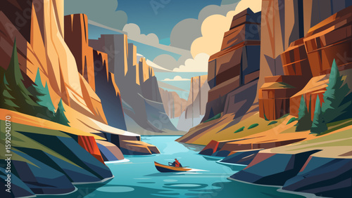 Kayaker in canyon river surrounded by cliffs