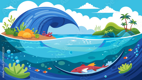Ocean wave cutaway with underwater and surface sce