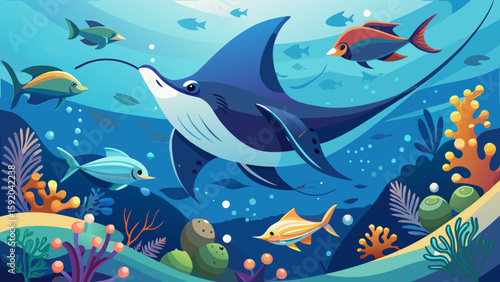 Ocean wildlife scene with manta rays and fish