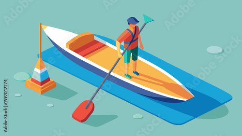 Paddleboarder near small boat in isometric view