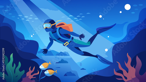 Scuba diver descending into deep blue ocean