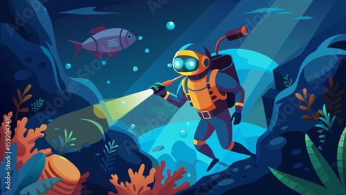 Scuba diver using flashlight in coral tunnel