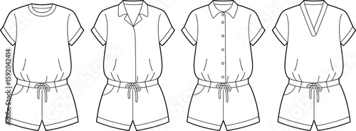 Women's Casual Rompers Playsuits Assortment with Short Sleeves Elastic Waist and Various Necklines Fashion Flat Sketch CAD Drawing Vector Illustration, Apparel Templates