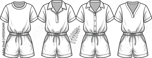 Women's Casual Rompers Playsuits Assortment with Short Sleeves Elastic Waist and Various Necklines Fashion Flat Sketch CAD Drawing Vector Illustration, Apparel Templates