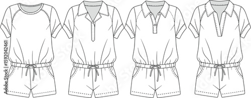 Women's Casual Rompers Playsuits Assortment with Short Sleeves Elastic Waist and Various Necklines Fashion Flat Sketch CAD Drawing Vector Illustration with Stitch Details, Apparel Templates