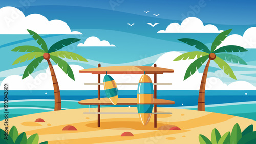 Surfboard rack on a sunny island beach