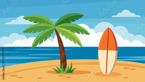 Surfboard leaning against palm tree on beach