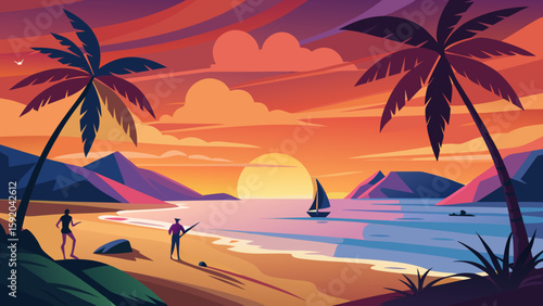 Sunset beach view with surf silhouettes