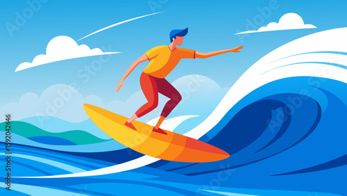 Surfer balancing on a high ocean wave in bright fl
