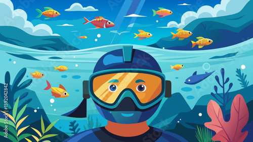 Underwater point of view of snorkeler watching fis