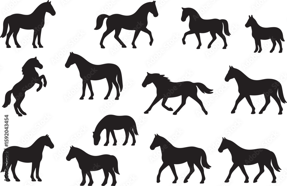 Obraz premium Black horse silhouettes various poses equine animal