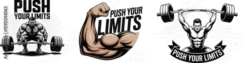 Man lifting barbell with push your limits banner in black and white illustration style art