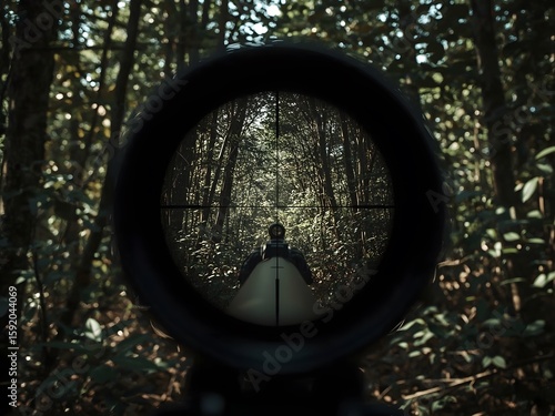 Obraz w ramie Sniper gun scope view. in forest