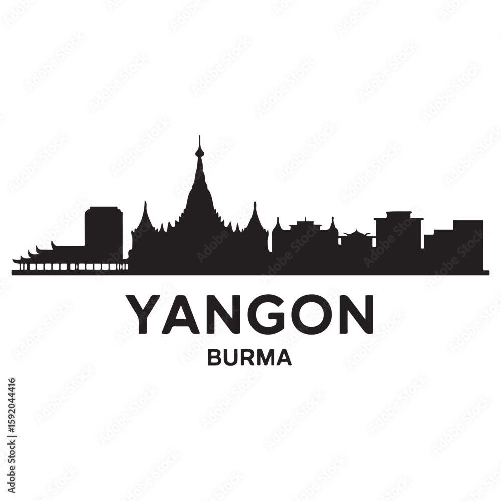Fototapeta premium Yangon skyline horizontal banner. Yangon, Burma. Vector template for your design. Vector black silhouette. with white background