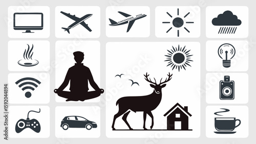 Journey of Icons: A curated collection of hand-drawn vector icons capturing the essence of travel, technology, and a tranquil mind, with a serene deer, house, and person.