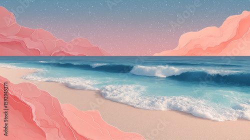 artistic hand-drawn waves illuminated by sunset and sunrise hues These creative illustrations are perfect for branding, surf culture designs, stationery, and web projects