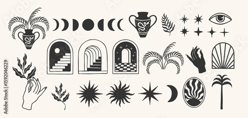 Mystical boho vector set with celestial symbols, hands, plants, vases, arches, and eyes. Ideal for spiritual designs, posters, wall art, and esoteric-themed branding.