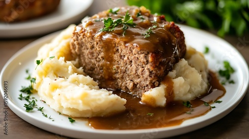 Fototapeta Naklejka Na Ścianę i Meble -  Meatloaf with Mashed Potatoes and Gravy on a White Plate