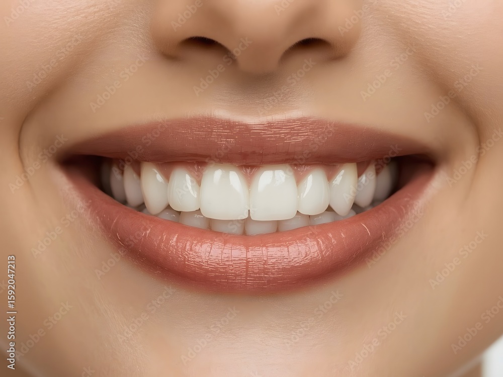 Fototapeta premium Close Up Macro Shot of a Mouth with Perfect White Teeth. Person Smiles. Female with Beatiful Natural Healthy Red Lips and Even Teeth with Pretty Smile.