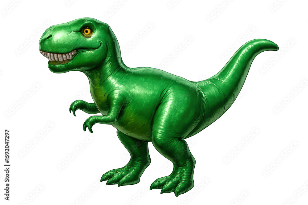 Obraz premium Green tyrannosaurus rex inflatable balloon grinning, floating against transparent backdrop, highlighting playful prehistoric character for festive party décor and creative graphic design