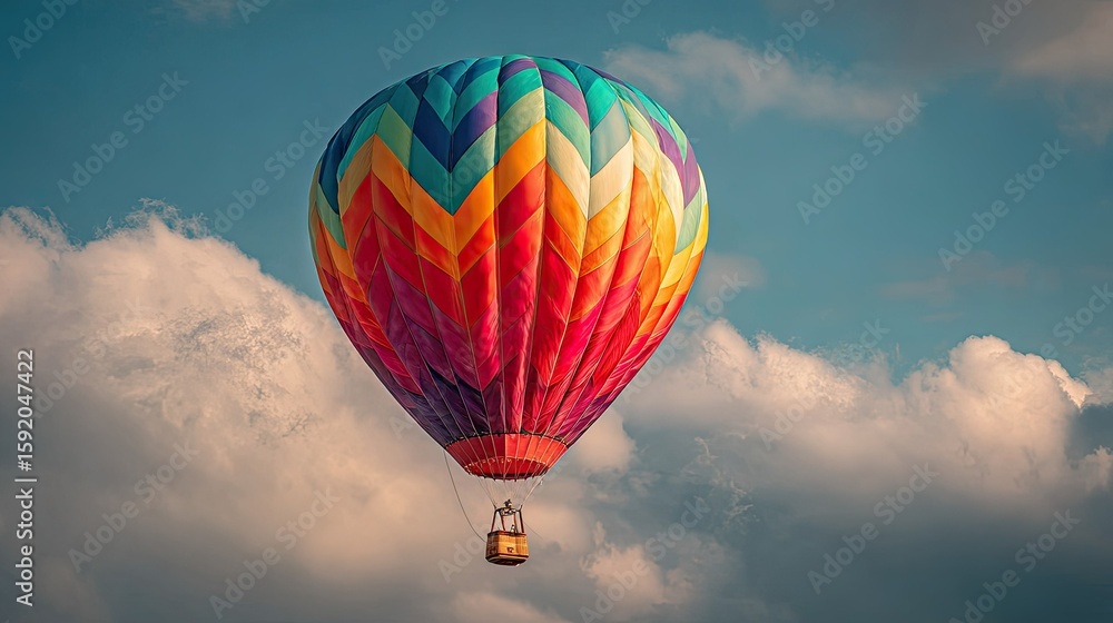 Naklejka premium Colorful hot air balloon floats in cloudy sky
