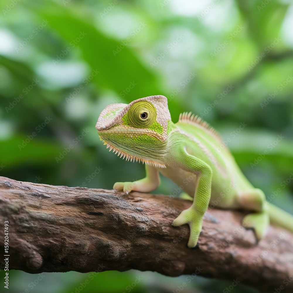 Fototapeta premium Chameleon Lizard: Green Reptile in Nature, Wildlife and Camouflage on a Branch