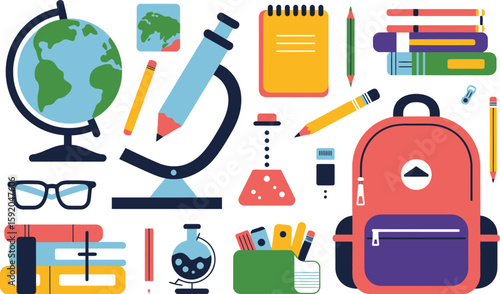 Illustration of school supplies including globe microscope and backpack on white background