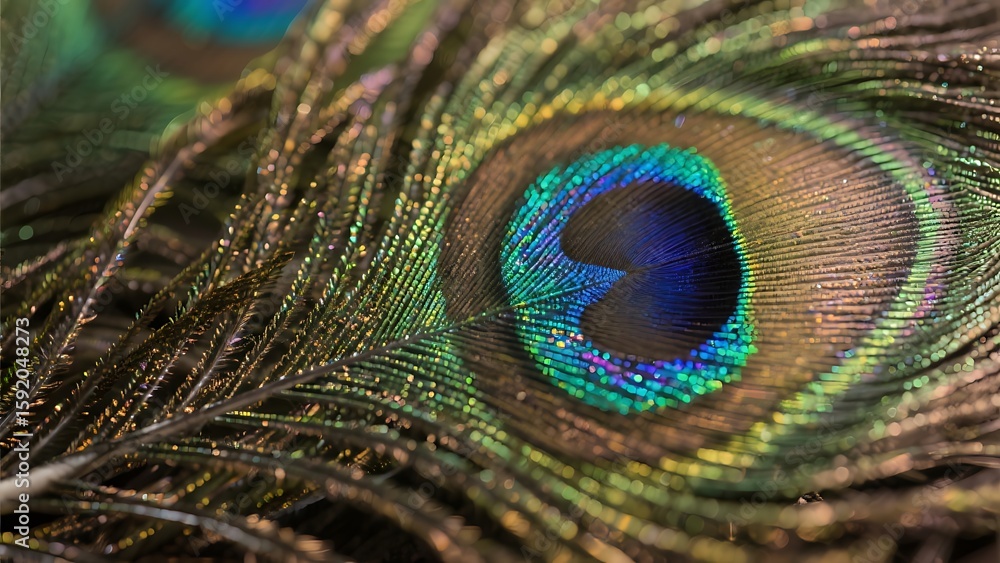 Obraz premium Close-up macro shot of iridescent peacock feather, showcasing vibrant green, blue, and gold colors, intricate details, and shimmering texture; nature background