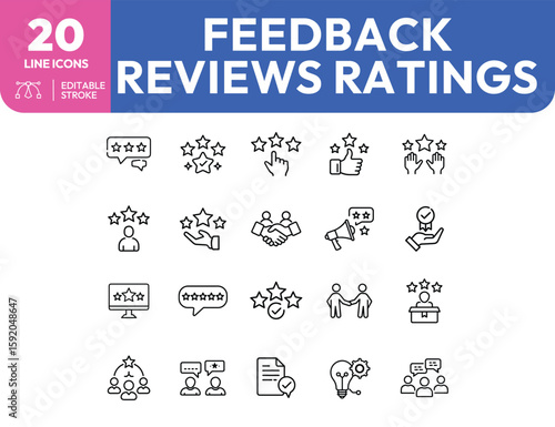 Feedback Reviews Ratings Line Icons Set with Editable Stroke.