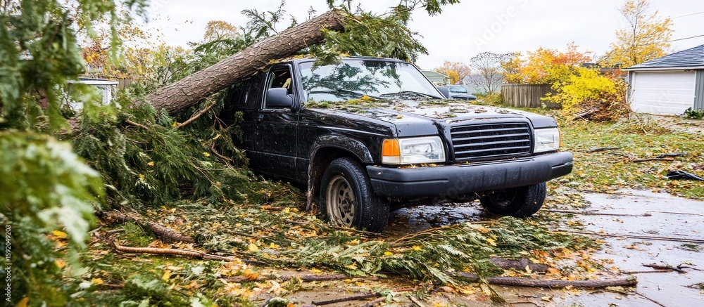 Fototapeta premium Damaged car after fallen tree, suburban street, aftermath