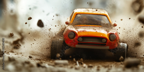 Toy orange car drifts across a dusty play surface in slow motion, motion blur and airborne dust particles heighten the effect