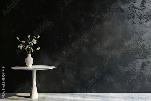 Elegant white vase with fresh flowers placed on a minimalist round table against a textured dark wall, creating a serene and stylish interior decor atmosphere, with copy space
