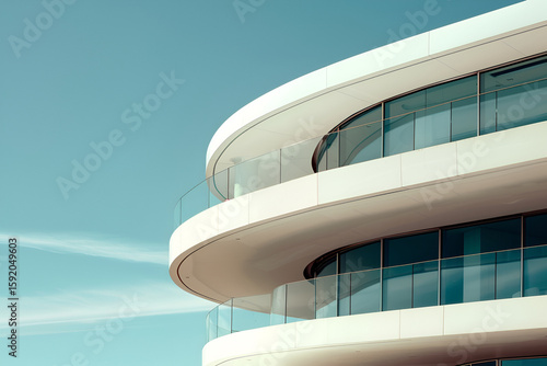 Modern architectural design featuring a curved building facade with large glass windows, showcasing sleek lines and a contemporary aesthetic against a clear blue sky