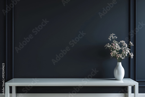 Elegant white table with a simple vase of flowers against a dark wall, creating a serene and stylish interior design atmosphere with modern aesthetics, with copyspace