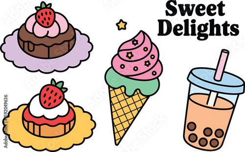 Sweet Delights Vector Graphic Featuring Cupcakes, Ice Cream Cone, and Boba Tea Illustration