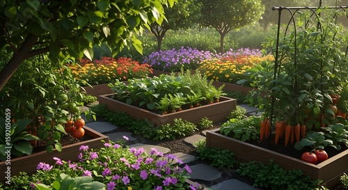 Colorful and Lush Garden Featuring Raised Wooden Beds Filled with Vegetables, Herbs, and Flowers under Sunlight