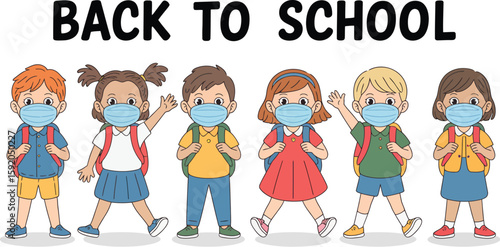 Illustration of masked children with backpacks standing in a row for back to school theme