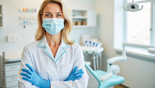 A confident female dentist stands in a bright, modern dental clinic, wearing a medical mask and gloves.
