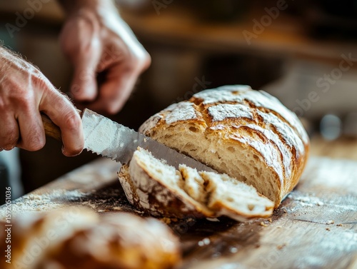 Hand-cut loaf of freshly baked artisan sourdough bread being prepared with a large knife. Shows the traditional baking process.