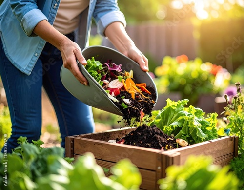 Woman composting food scraps in garden