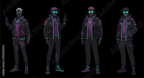 Cyberpunk in purple dresses standing in a row silhouette illustration