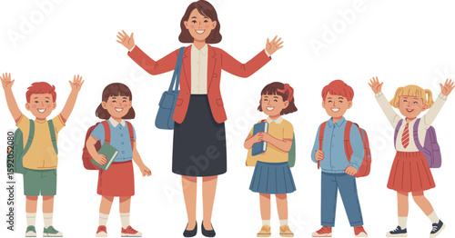 Illustration of a teacher holding hands with students raising their hands in a classroom setting together