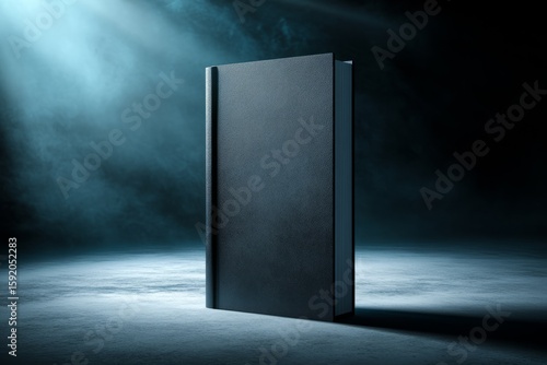 Closed black hardcover book standing upright on textured surface with dramatic spotlight and dark background. Studio book mockup for branding and editorial design.