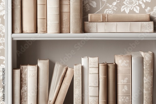 Vintage beige books arranged on white bookshelf next to floral wallpaper. Interior decor concept with neutral tones and classic bindings. Design for wallpaper, banner, card, poster, invitation.